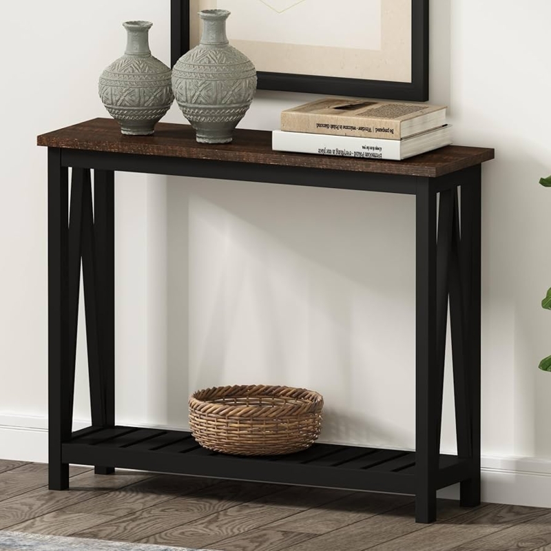 Console Table Slatted Shelf X-Frame Sides Modern Farmhouse