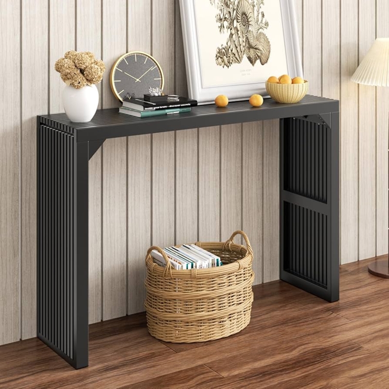 Console Table Slatted Wood Texture Japandi Minimalist Narrow