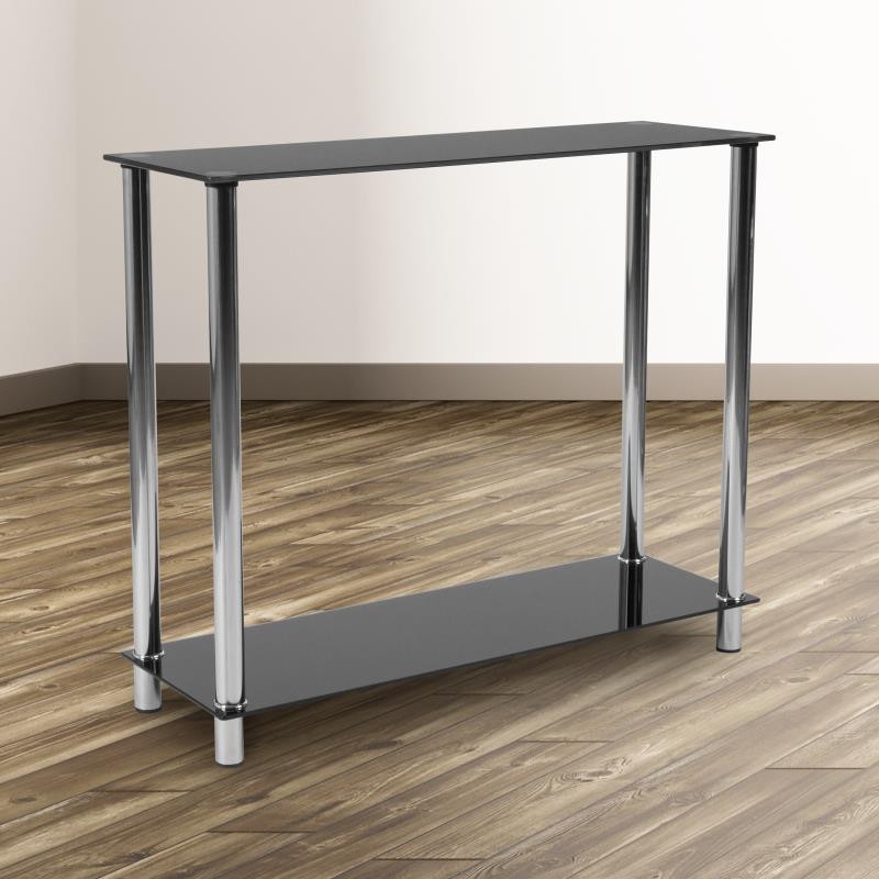 Console Table Sleek Black Glass Two Tier Cylindrical Chrome Legs
