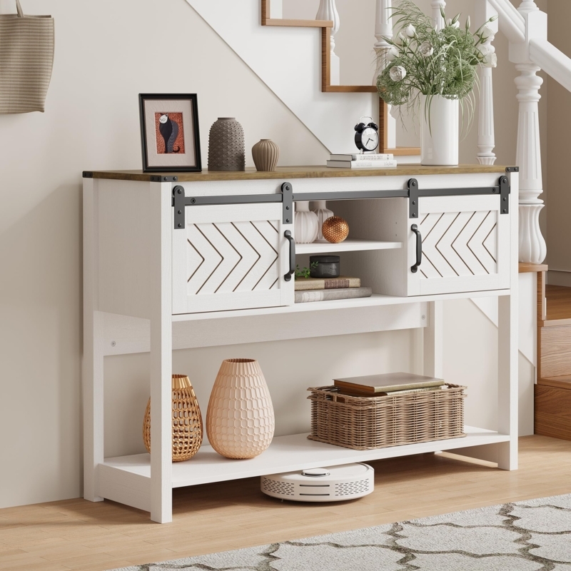 Console Table Sliding Barn Doors Chevron Pattern White Oak Finish