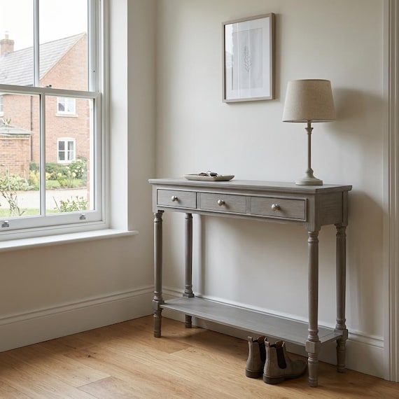 Console Table Slim Depth Three Drawers Turned Legs Transitional Hallway