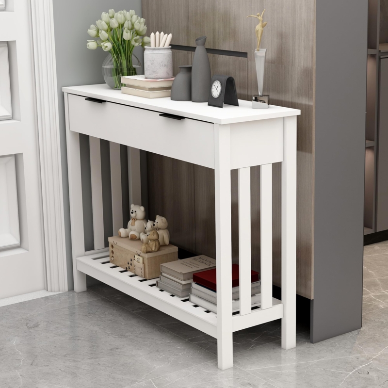 Console Table Slim Drawer Slatted Shelf Black Hardware Matte Finish