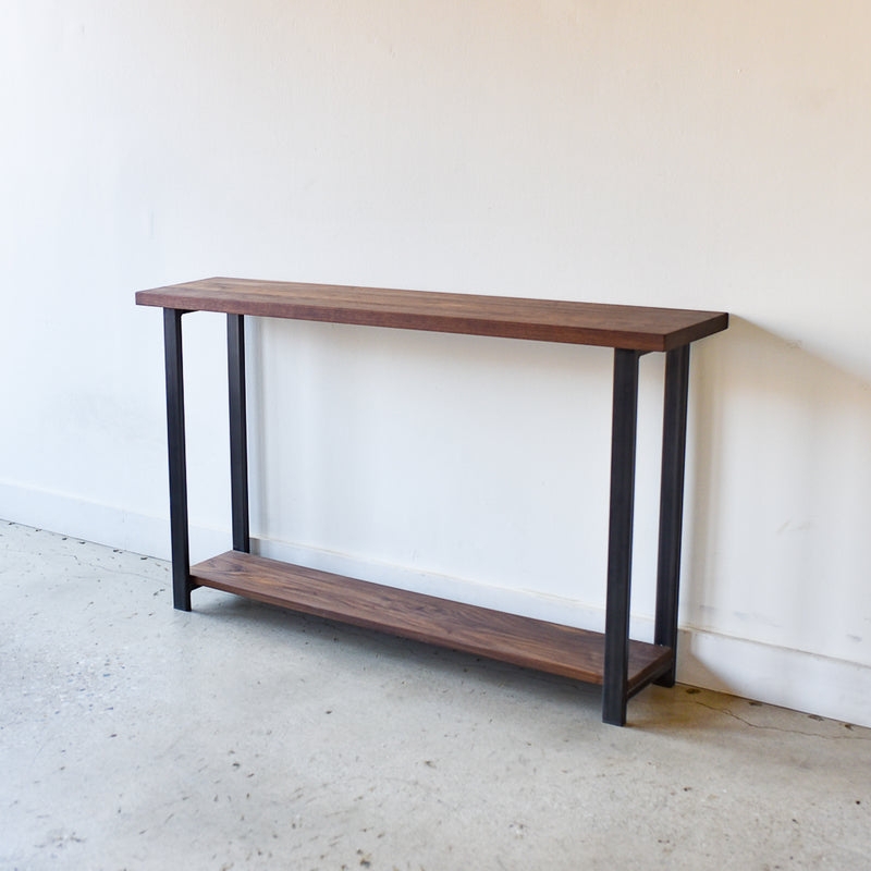 Console Table Slim Profile Lower Shelf Dark Wood Minimalist Metal Frame