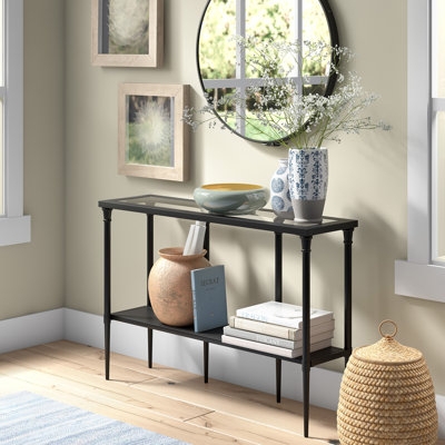 Console Table Slim Profile Matte Black Frame Glass Top Two Tier Design