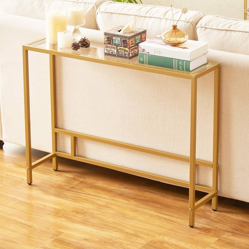 Console Table Slim Profile Tempered Glass Top Geometric Detail Entryway