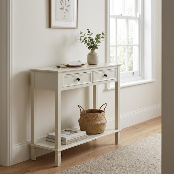Console Table Slim Profile Two Drawers Off White Tapered Legs Transitional