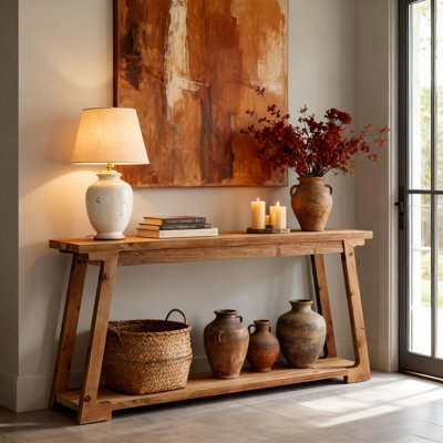 Console Table Solid Wood Look Trestle Legs Two-Tier Rustic Hallway