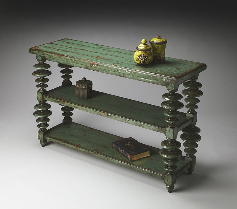 Console Table Spool Legs Distressed Green Finish Three Tier