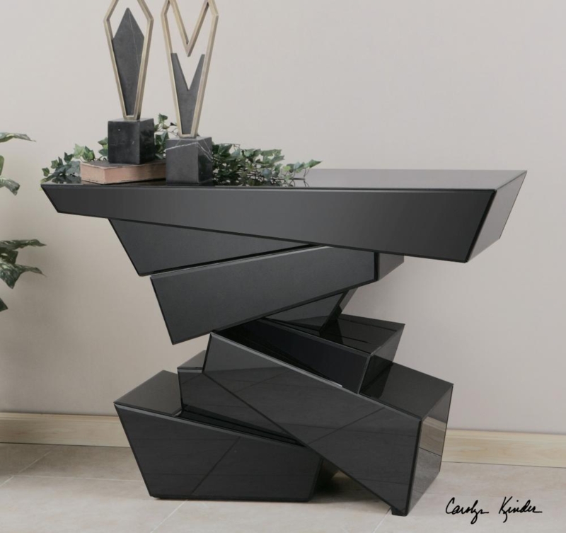 Console Table Stacked Geometric Blocks High Gloss Black Sculptural