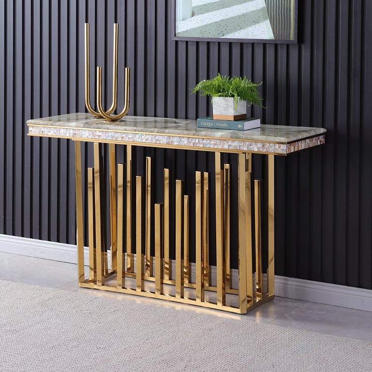 Console Table Staggered Base Mosaic Apron Narrow Profile Luxury Foyer