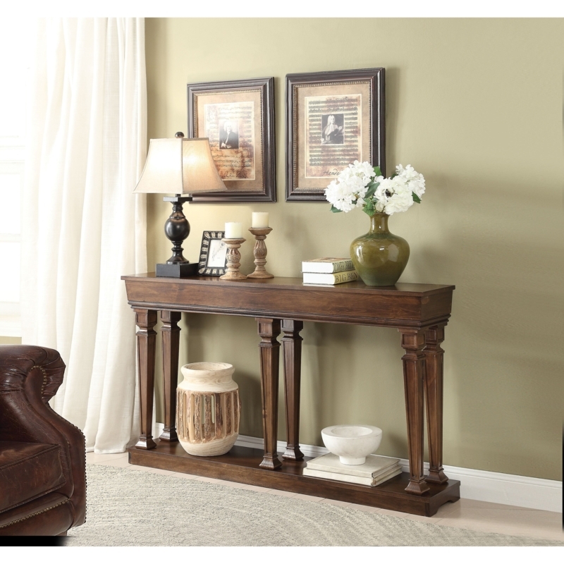 Console Table Stately Dark Brown Thick Tabletop Carved Legs Open Shelf