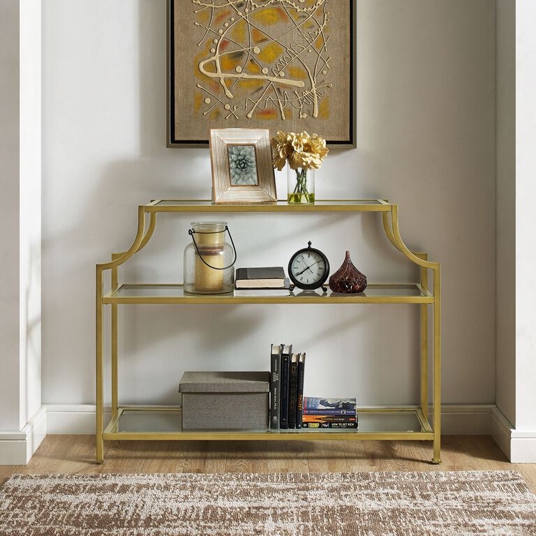 Console Table Stepped Profile Glass Tiered Shelves Layered Decor Ideas