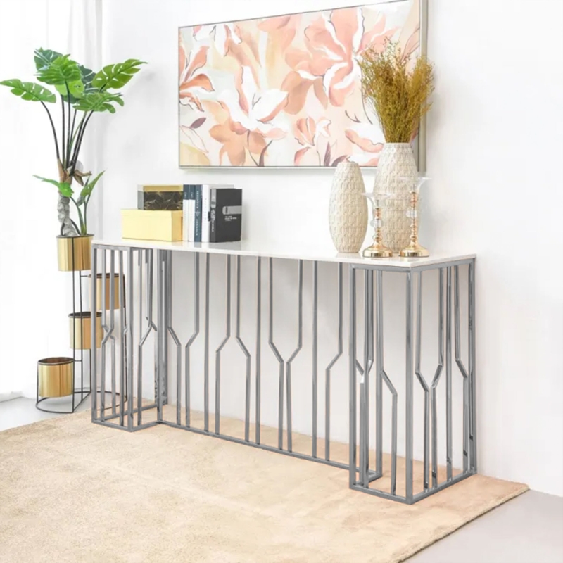 Console Table Stone Top Polished Silver Geometric Frame Contemporary