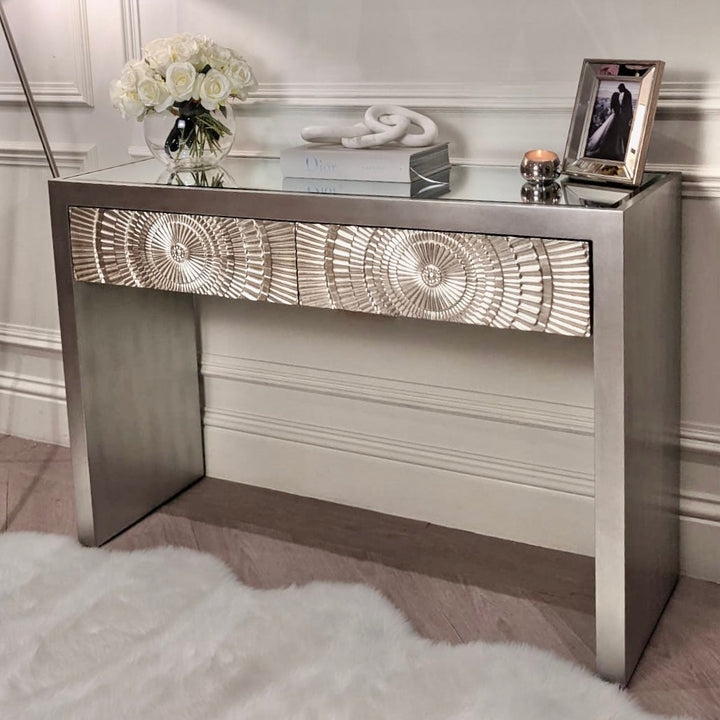 Console Table Sunburst Pattern Drawers Mirrored Top Chic