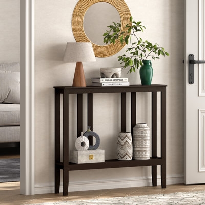 Console Table Tall Height Slat Sides Dark Wood Toned Two Tier Shelf