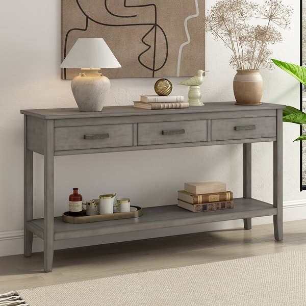 Console Table Tapered Leg Design Three Drawers Gray Wood