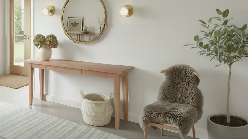 Console Table Tapered Legs Extra Long Profile Light Wood Finish