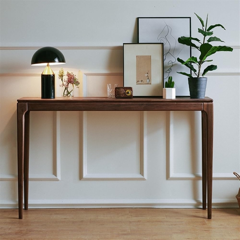 Console Table Tapered Spindle Legs Dark Walnut Tone Minimalist Mid Century