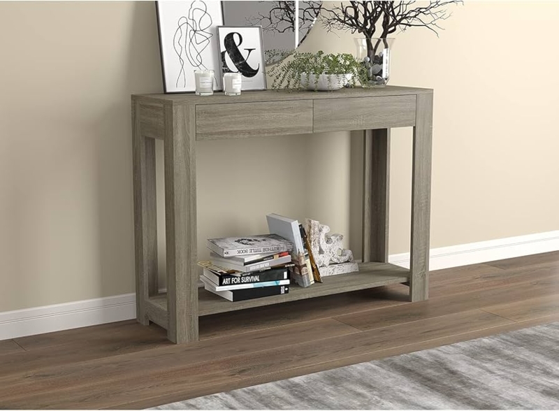 Console Table Taupe Wood Handleless Drawers Two Tier Entryway Styling
