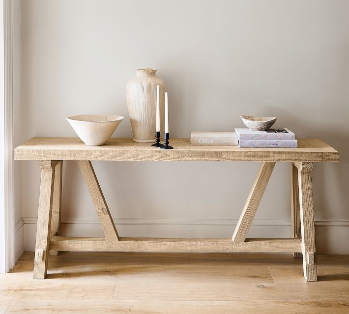 Console Table Textured Pale Sand Trestle Base Modern Farmhouse