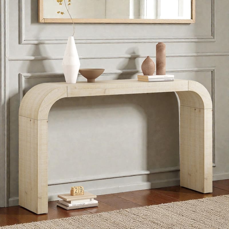 Console Table Textured Waterfall Edge U-Shaped Silhouette Light Beige