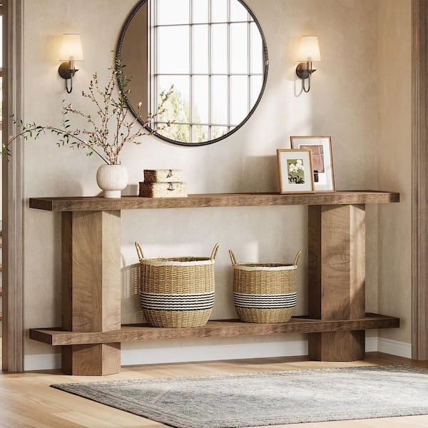 Console Table Thick Block Legs 71 Inch Length Double Tier Light Brown