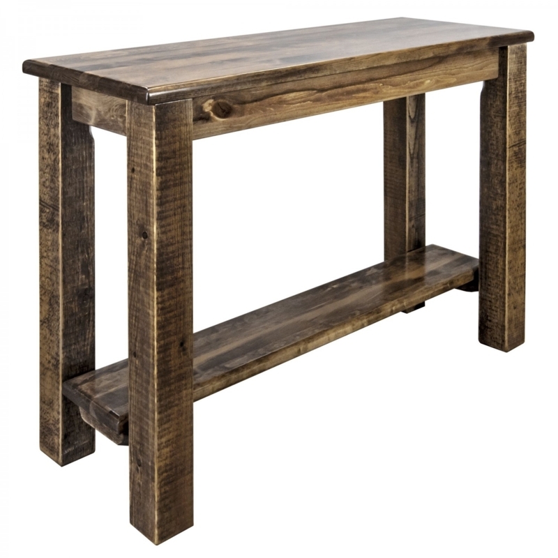 Console Table Thick Block Legs Dark Brown Distressed Lodge