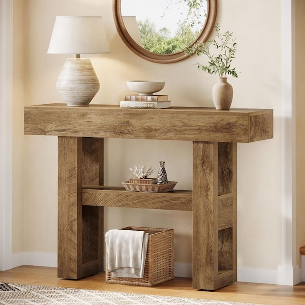 Console Table Thick Block Legs Two Tier Storage Rustic Hallway Furniture