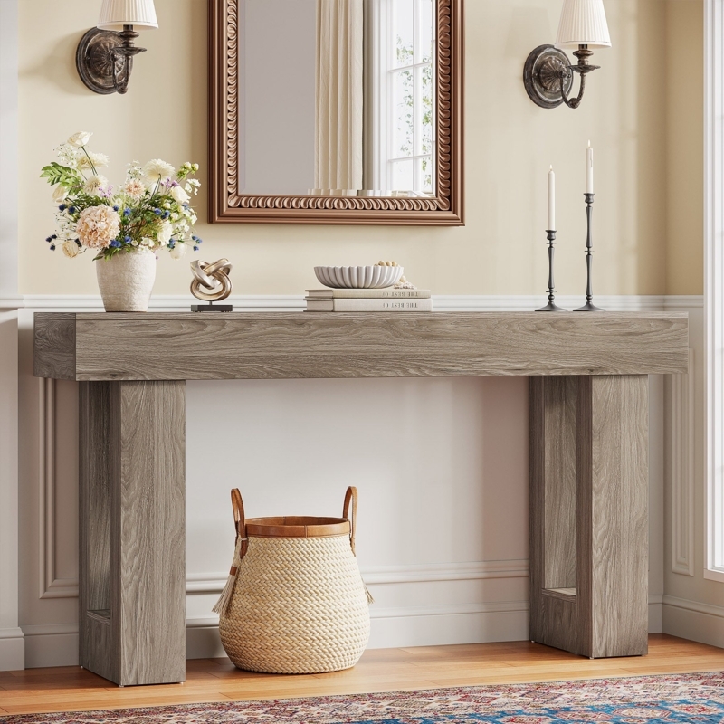 Console Table Thick Legs Pillar Base Gray Wood Grain Farmhouse