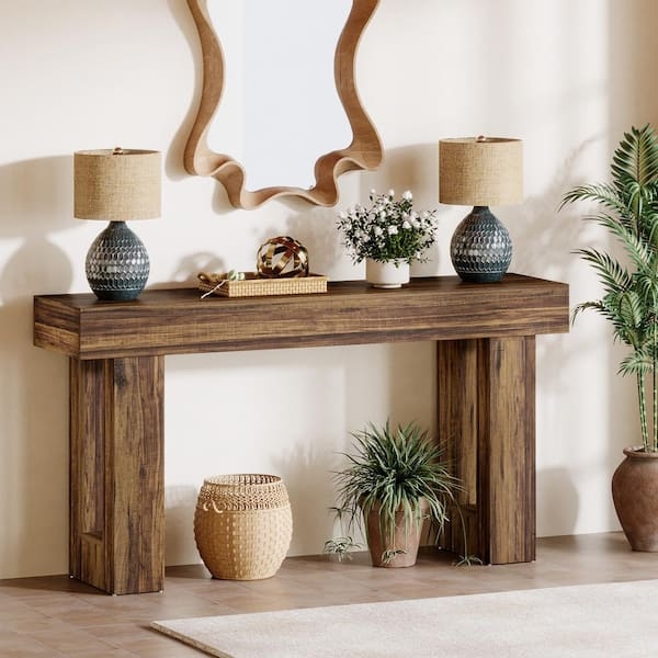 Console Table Thick Rectangular Wood Chunky Pedestal Legs Textured Base