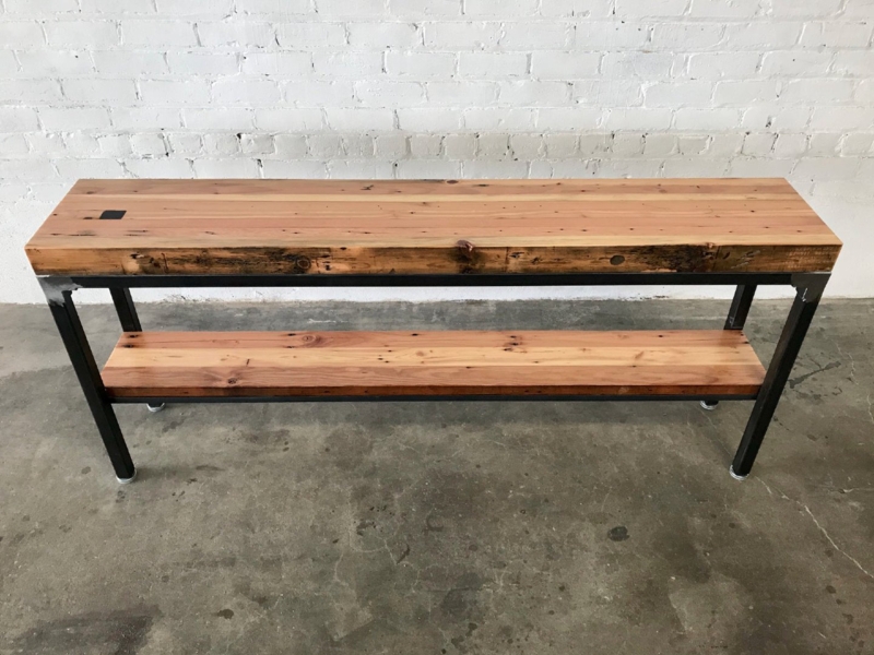 Console Table, Thick Wood Top, Black Metal Frame, Industrial Reclaimed
