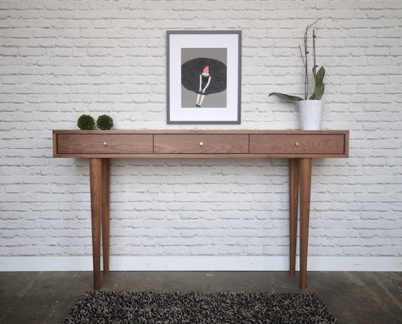 Console Table Three Drawers Round Knobs Tapered Legs Mid-Century