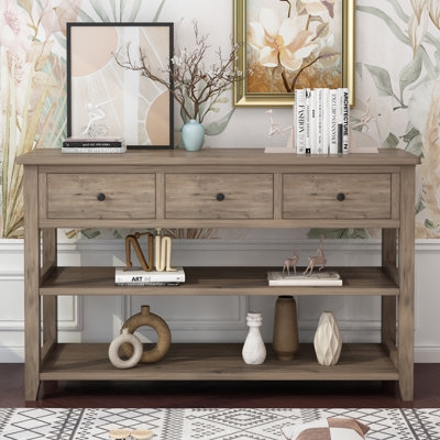 Console Table Three Drawers Two Open Shelves Gray Wood Farmhouse Entryway