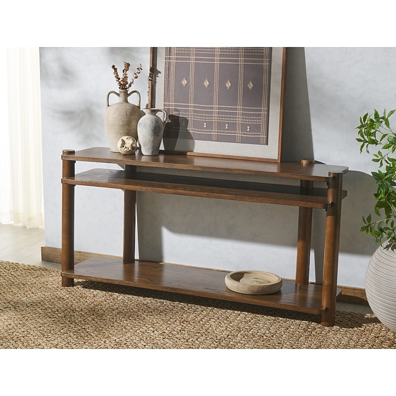 Console Table Three Tier Design Rounded Supports Medium Oak Storage