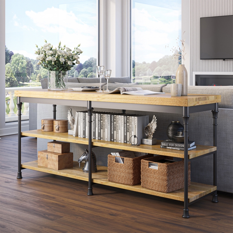 Console Table Three Tier Long Narrow Profile Industrial Metal Frame