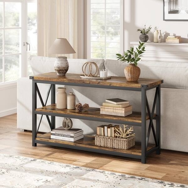 Console Table Three Tier X Frame Sides Industrial Behind Sofa