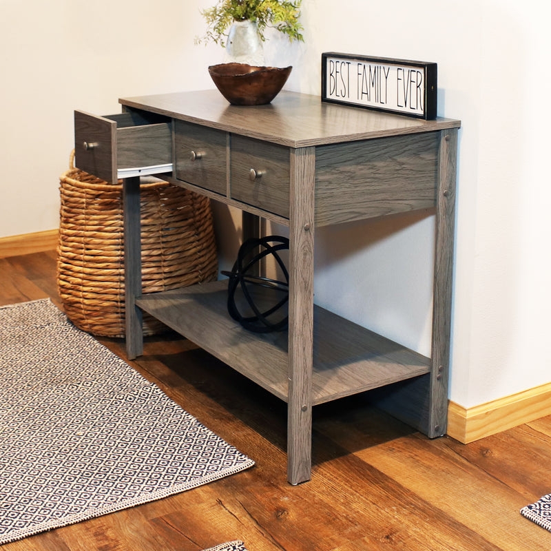 Console Table Thunder Finish Three Drawers Round Knobs Shelf
