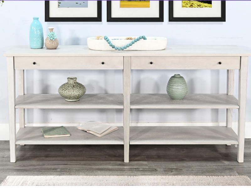 Console Table Tiered Open Shelf Four Drawers Coastal Wash