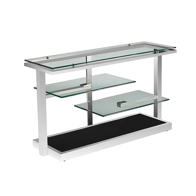 Console Table Tiered Staggered Glass Shelves Black Base Modern