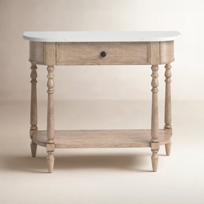 Console Table Traditional Demilune Shape Stone Like Top Single Drawer Shelf