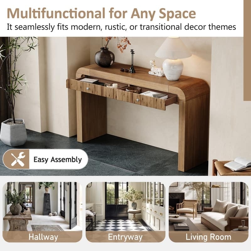 Console Table Transitional Rustic Brown Fluted Drawers