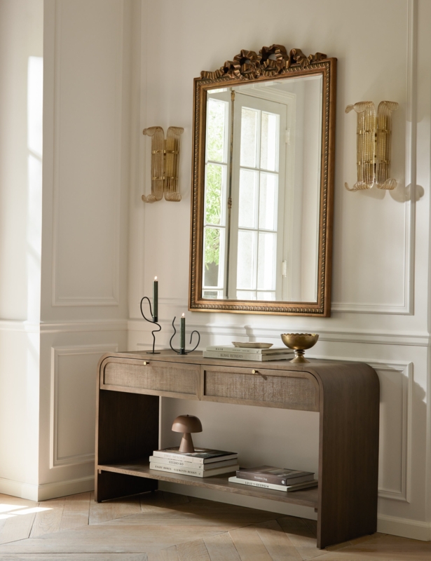 Console Table Transitional Wood Woven Drawer Fronts