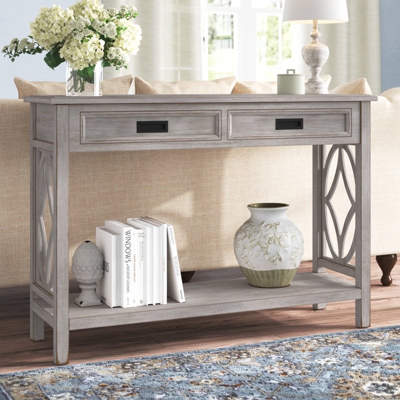 Console Table Trellis Sides Whitewashed Finish Two Drawers Matte