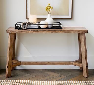 Console Table Trestle Base H Stretcher Plank Top Natural Finish Wood