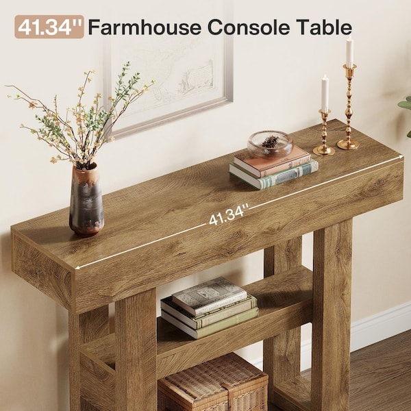 Console Table Triple Tier Design Rustic Brown Chunky Farmhouse Storage