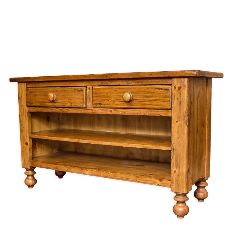 Console Table Turned Bun Feet 2 Drawers Open Shelf Storage