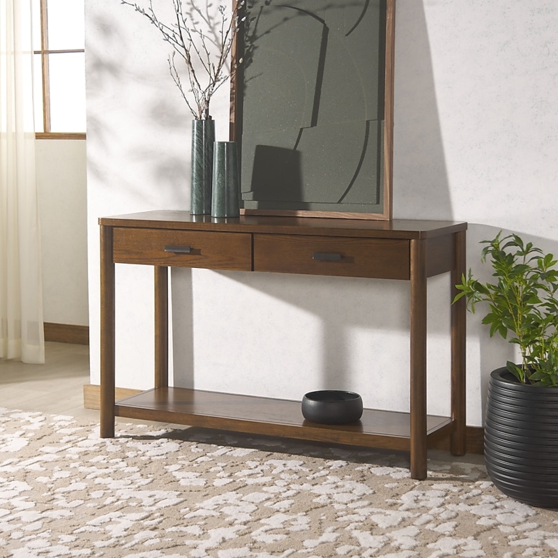 Console Table Two Drawers Lower Shelf Medium Oak Tone Storage