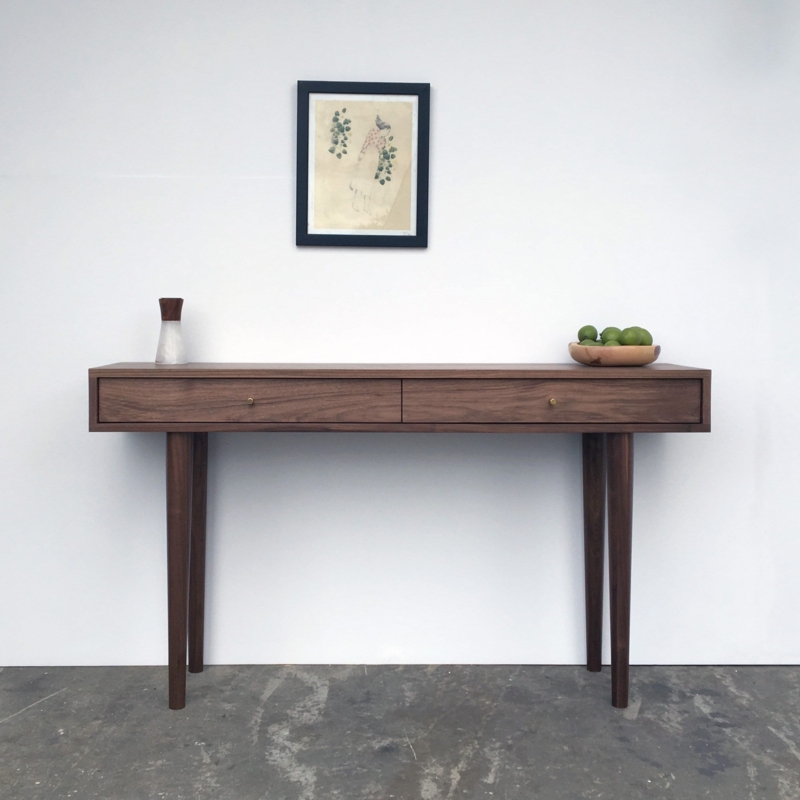 Console Table Two Drawers Tapered Legs Brass Knobs Satin Finish