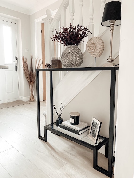 Console Table Two Tier Black Metal Glass Shelves Minimalist Silhouette