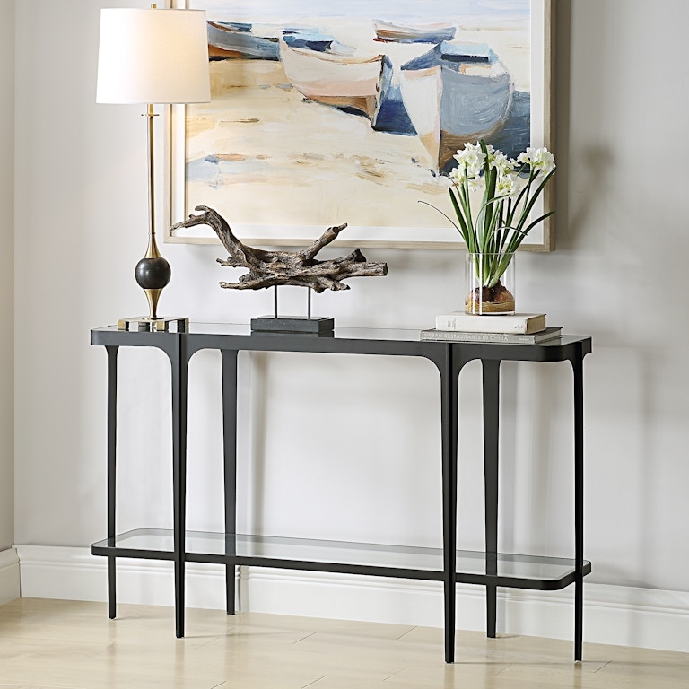 Console Table Two Tier Tempered Glass Slim Black Iron Frame